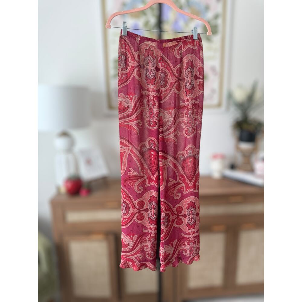 High Rise Elastic Waist Boho Sheer Paisley Pants Vacay Red Womens Size Small
